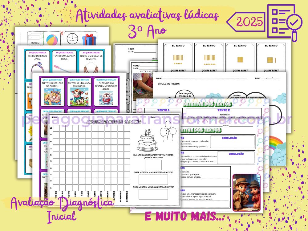 Folhas ilustrando as atividades avaliativas diagnósticas para 3º Ano