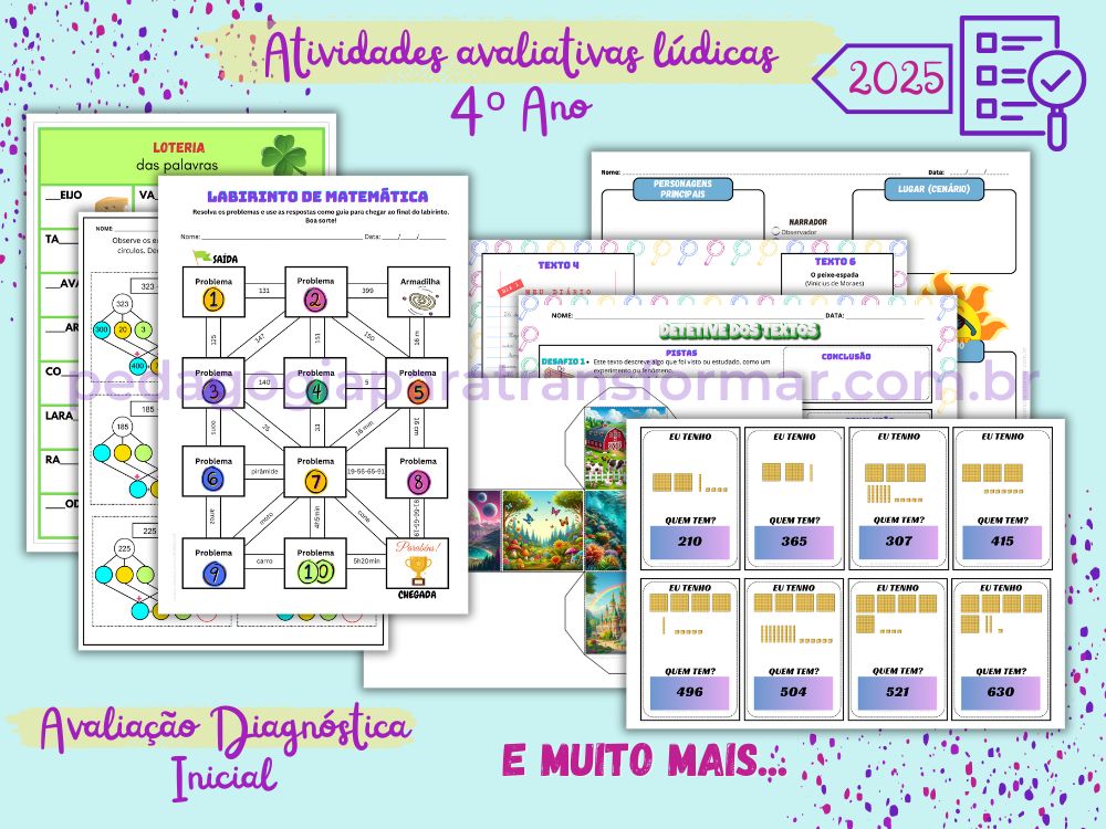 Folhas das atividades avaliativas diversificadas para avaliação diagnóstica do 4º Ano para 2025