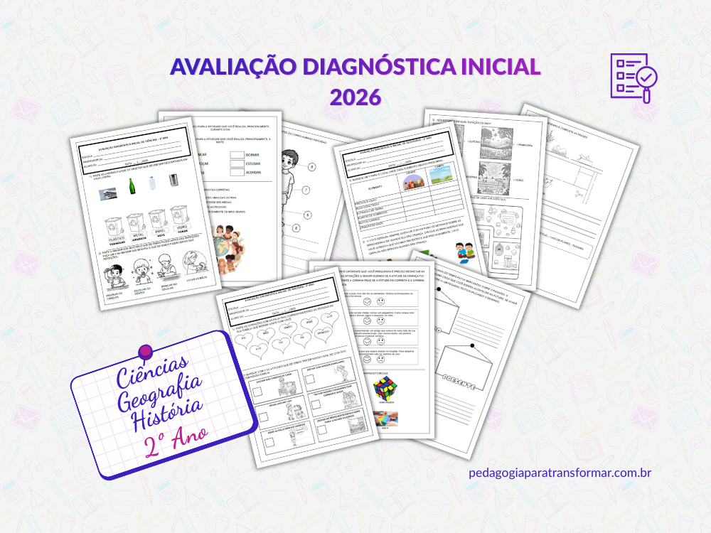 Print das páginas da Avaliação Diagnóstica Inicial de Ciências, Geografia e História para 2º Ano, pronta para imprimir e editável no word.
