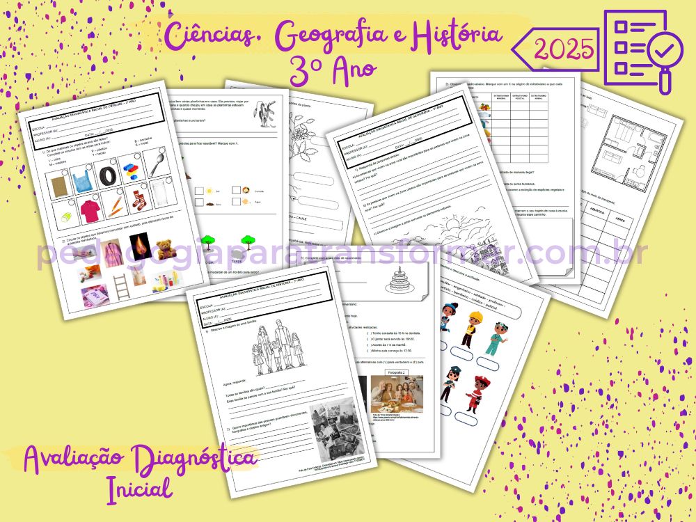 Folhas das avaliações diagnósticas de Ciências, Geografia e História para 3º Ano