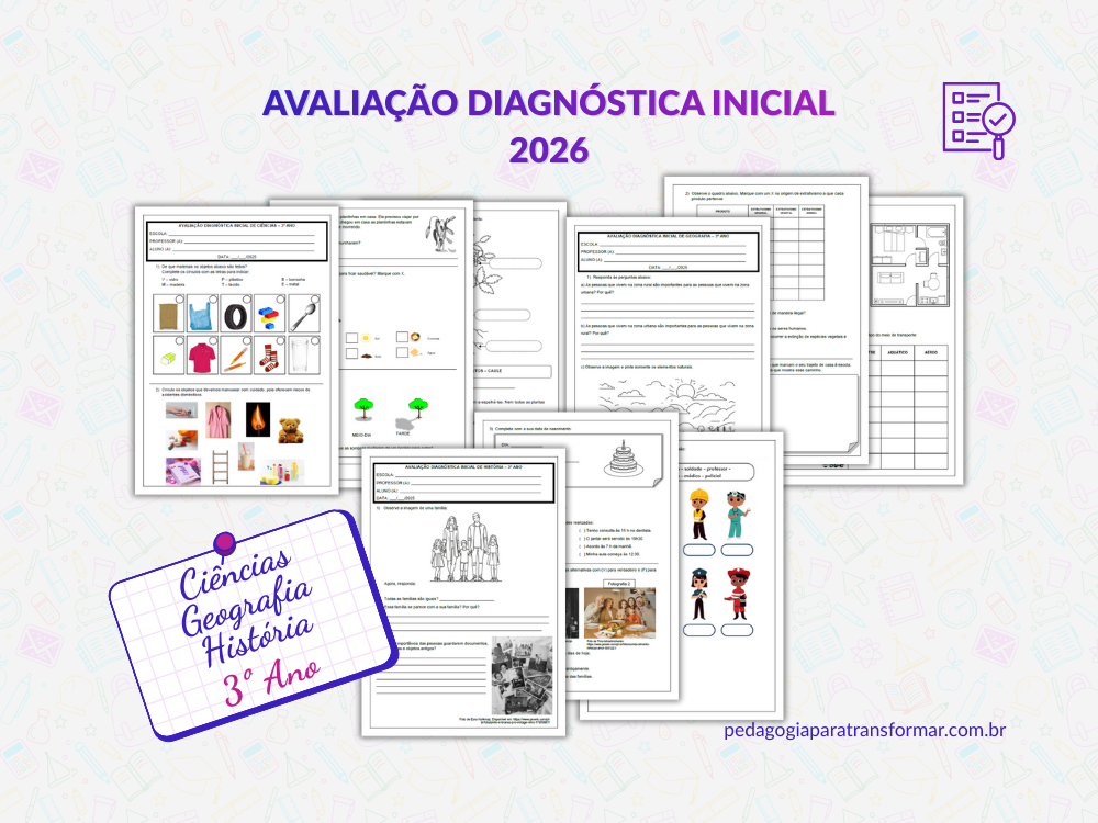 Print das p&aacute;ginas das avalia&ccedil;&otilde;es de Ci&ecirc;ncias, Geografia e Hist&oacute;ria para 3&ordm; Ano.