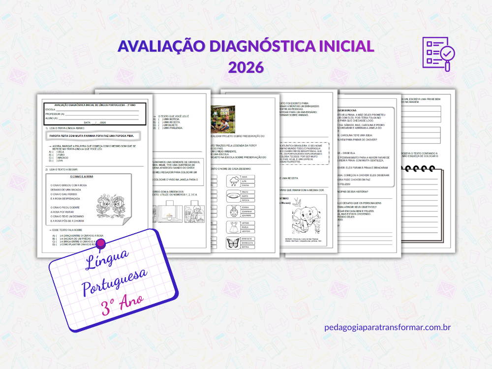 Print das p&aacute;ginas da avalia&ccedil;&atilde;o diagn&oacute;stica inicial de L&iacute;ngua Portuguesa para 3&ordm; Ano