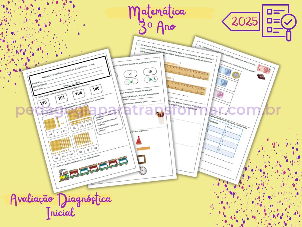 Folhas das avaliações diagnósticas iniciais de matemática para 3º Ano 2025