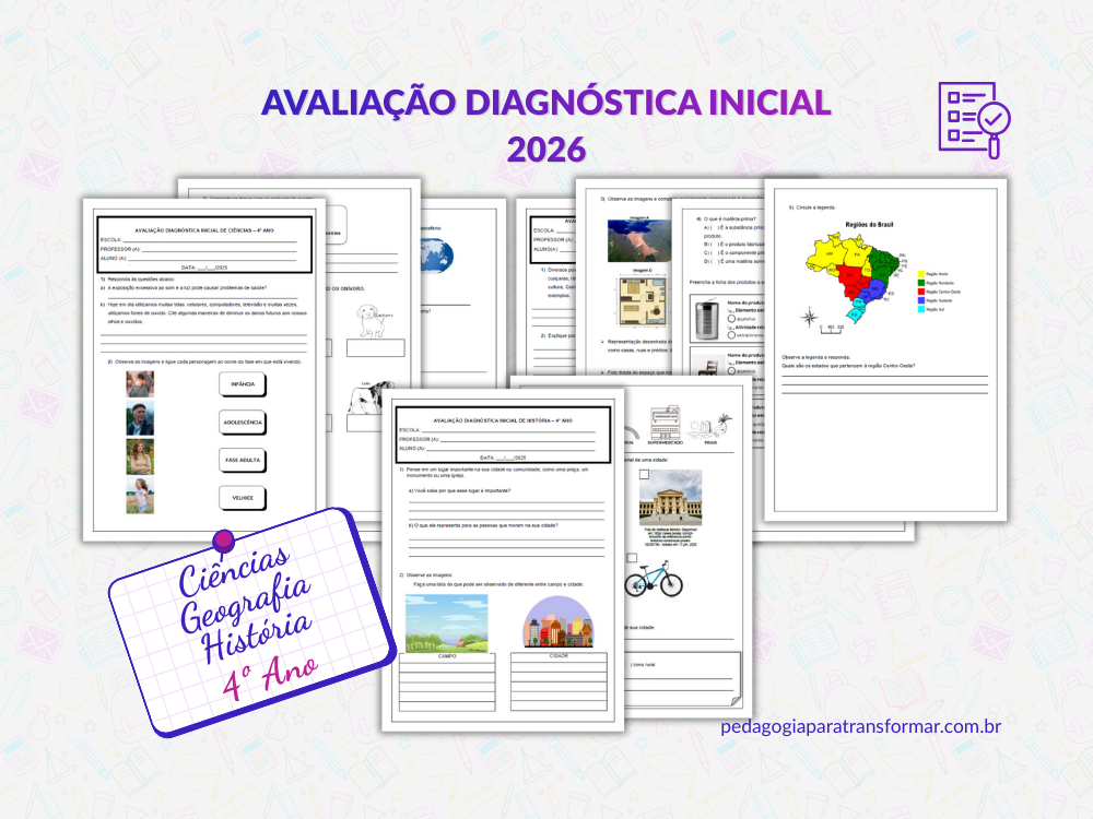 P&aacute;ginas da avalia&ccedil;&atilde;o diagn&oacute;stica inicial de Ci&ecirc;ncias, Geografia e Hist&oacute;ria para 4&ordm; Ano.