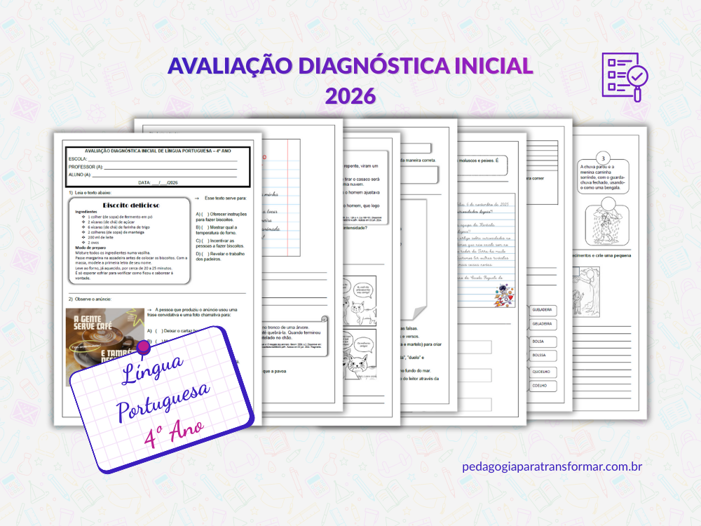 P&aacute;ginas da avalia&ccedil;&atilde;o diagn&oacute;stica inicial de L&iacute;ngua Portuguesa para 4&ordm; Ano.