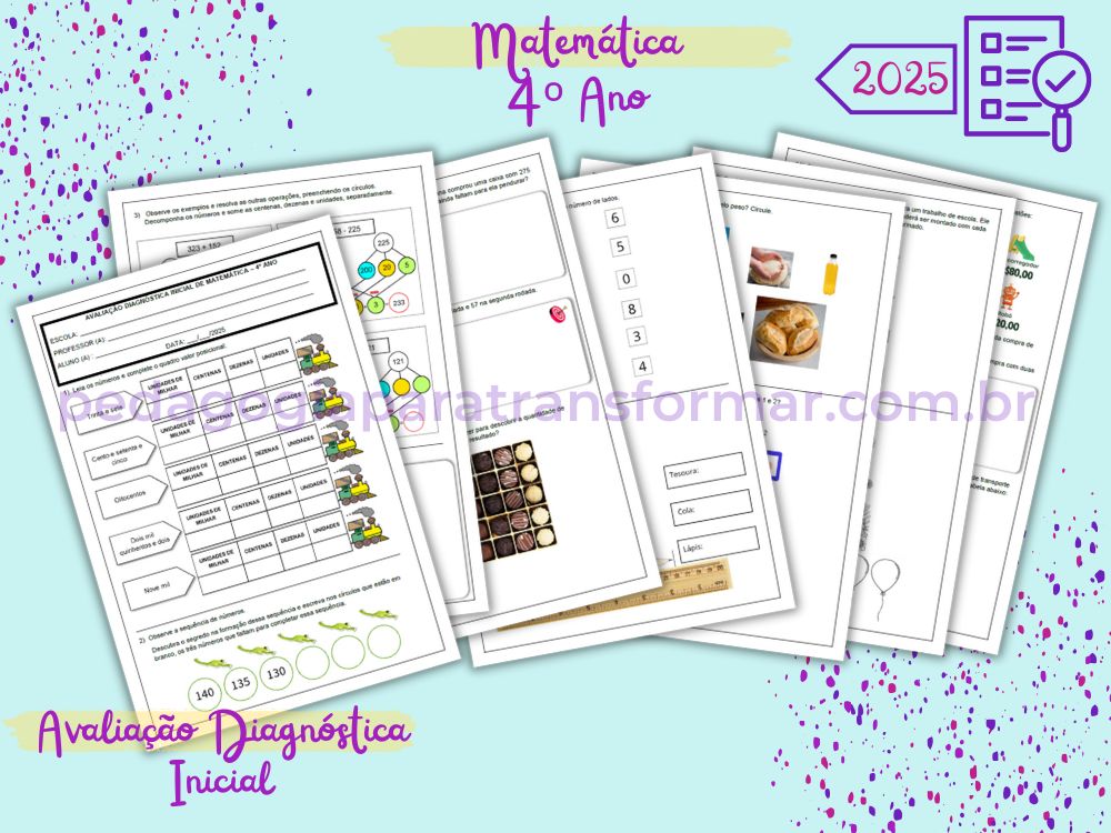 Folhas da avaliação diagnóstica inicial de matemática para 4º Ano - 2025