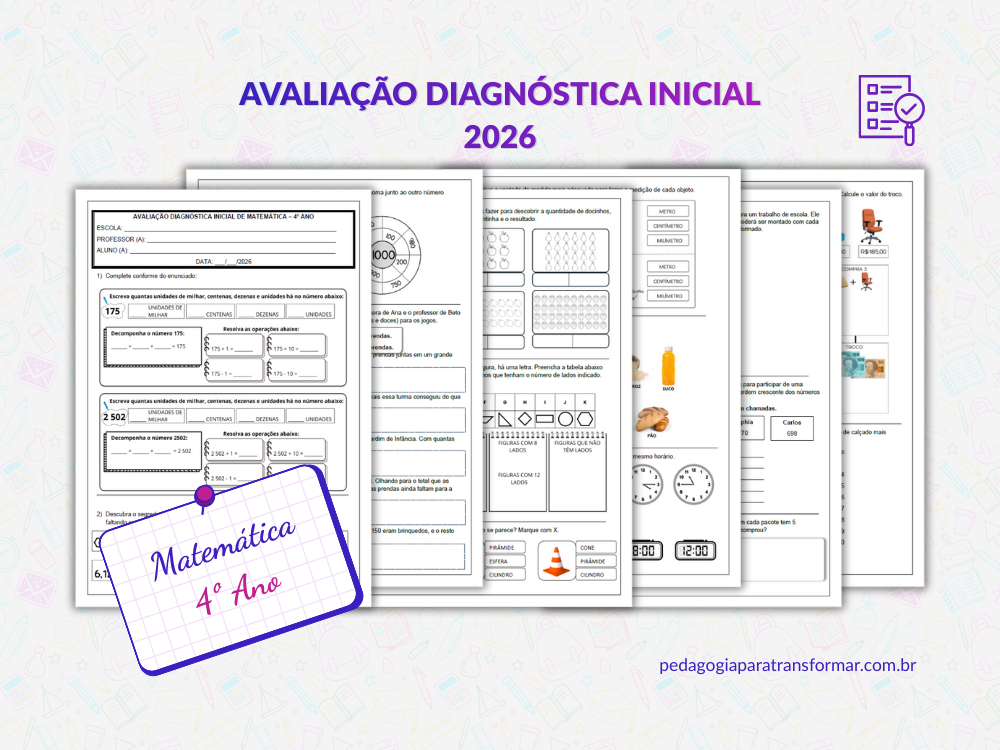 P&aacute;ginas da avalia&ccedil;&atilde;o diagn&oacute;stica inicial de Matem&aacute;tica para 4&ordm; Ano.