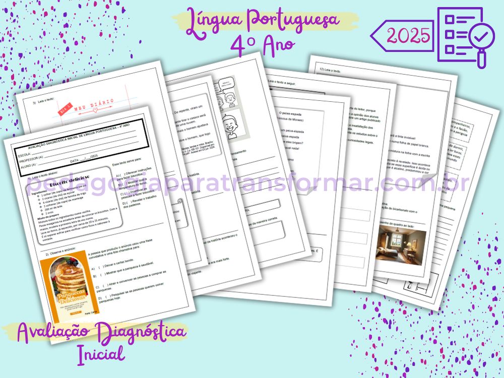 Folhas da avaliação diagnóstica inicial de língua portuguesa para 4º ano - 2025