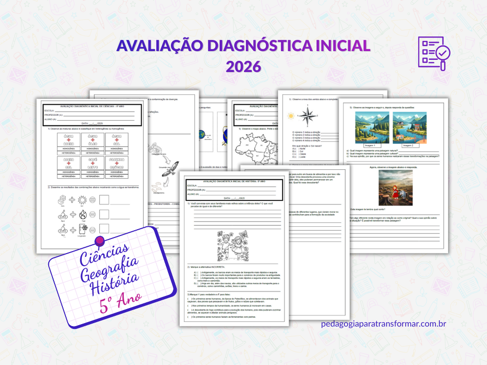 Páginas das avaliações diagnósticas de Ciências, Geografia e História para 5º Ano.