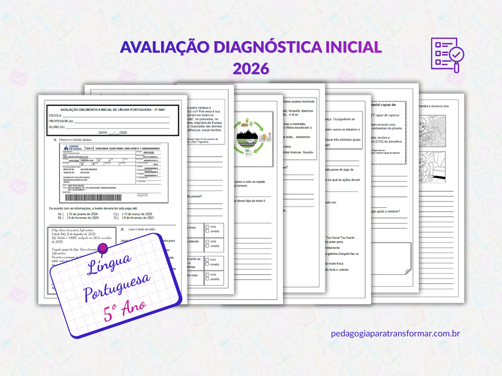 Páginas da avaliação diagnóstica inicial de Língua Portuguesa para 5º Ano.