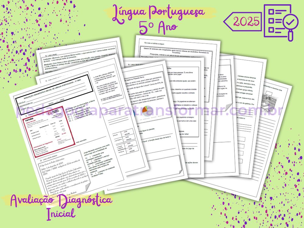 Folhas da Avaliação Diagnóstica Inicial de Língua Portuguesa para 5º Ano - 2025