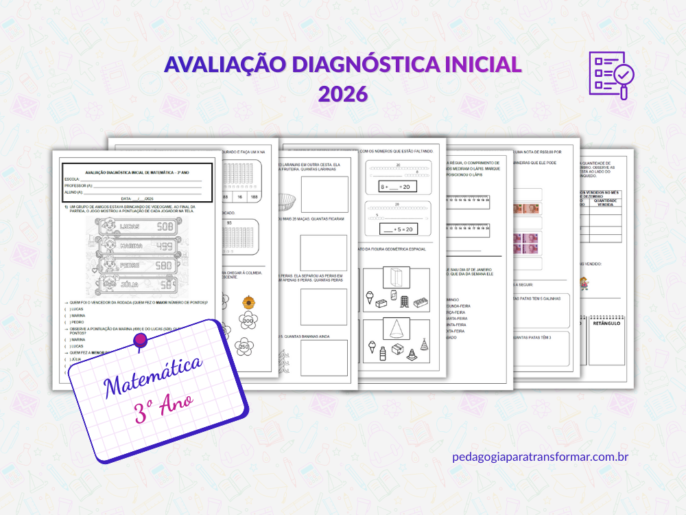 Print das p&aacute;ginas da avalia&ccedil;&atilde;o diagn&oacute;stica inicial de matem&aacute;tica para 3&ordm; Ano