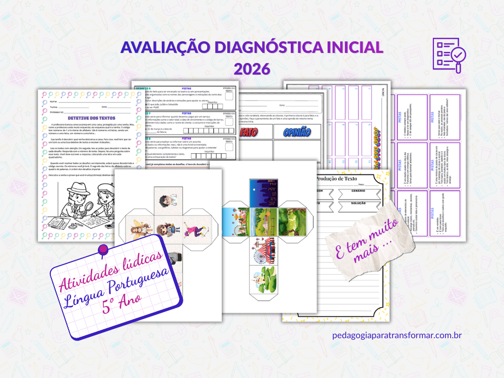 Algumas das atividades lúdicas da avaliação diagnóstica inicial de Língua Portuguesa para 5º Ano.