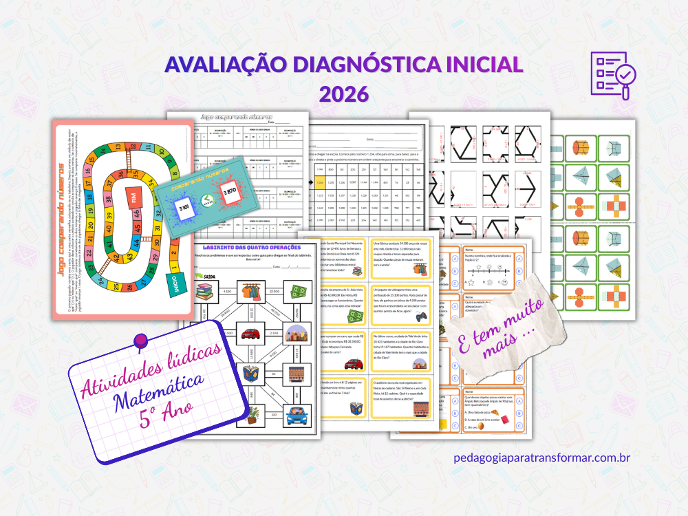 Algumas das atividades lúdicas da avaliação diagnóstica inicial de Matemática para 5º Ano.