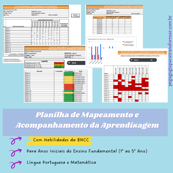 Capa do produto planilha de mapeamento e acompanhamento da aprendizagem com habilidades da BNCC, de Língua Portuguesa e Matemática para os Anos Iniciais.