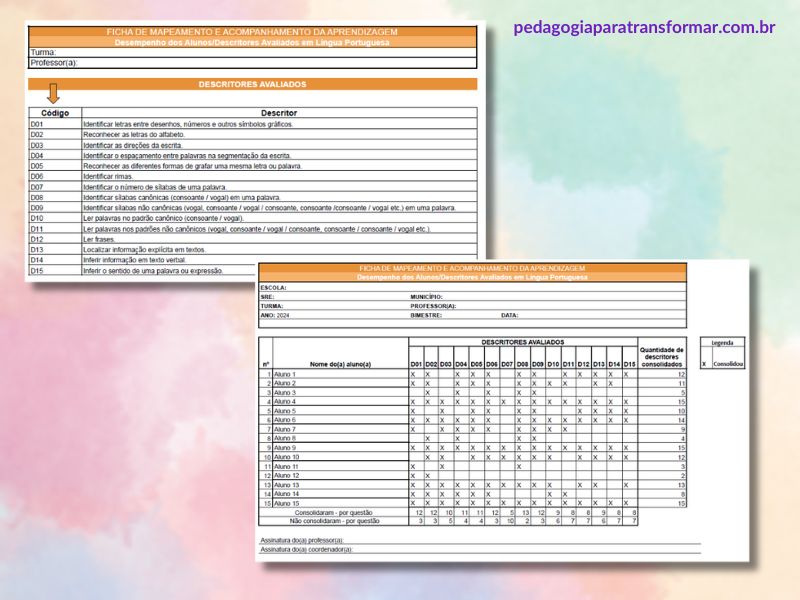 Prints da planilha de avaliação diagnóstica mostrando o cadastro dos descritores e o mapeamento dos resultados dos estudantes.