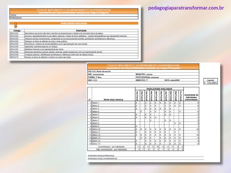 Prints das duas primeiras abas da planilha de avaliação diagnóstica para mapeamento de habilidades da BNCC.