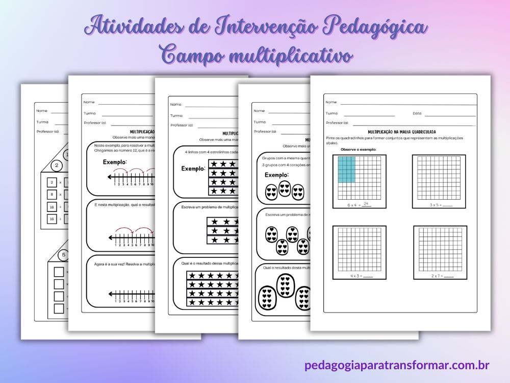 Folhas de atividades com diferentes estratégias para resolução de problemas de multiplicação e divisão.
