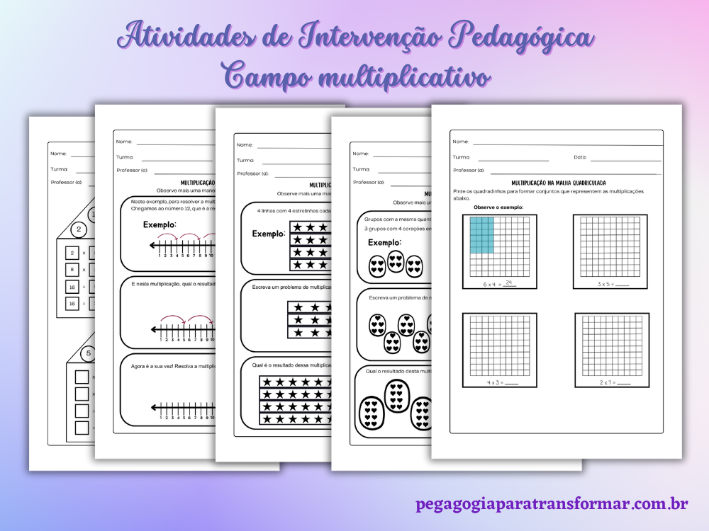 Folhas de atividades com diferentes estratégias para resolução de problemas de multiplicação e divisão. 