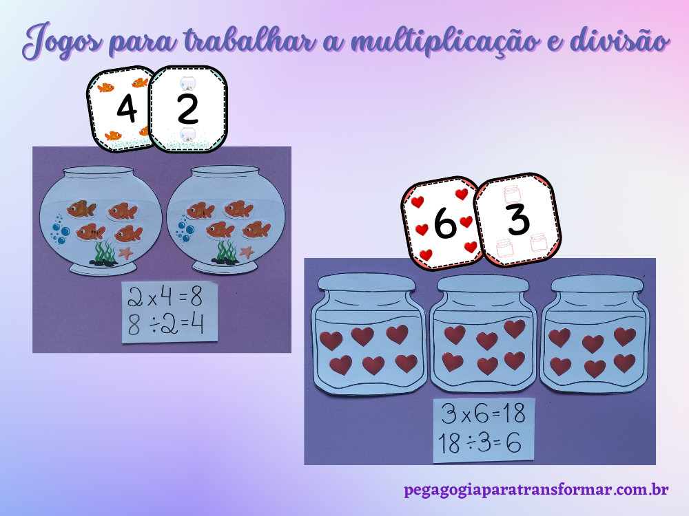 A imagem mostra dois jogos para trabalhar a multiplicação e divisão. Um deles consiste em distribuir peixinhos em aquários, recurso de papel com as ilustrações. O outro consiste em distribuir corações de papel em potes para representar os "potes de amor".