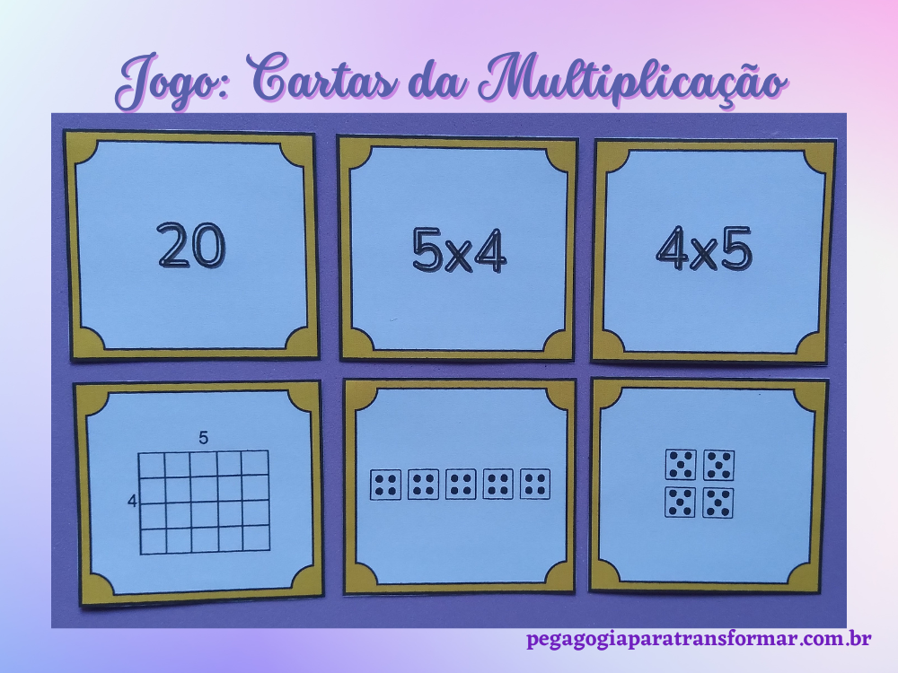 A imagem mostra um conjunto de 6 cartas de um jogo em que o objetivo é agrupar as cartas que representam diferentes representações do mesmo produto da tabuada.