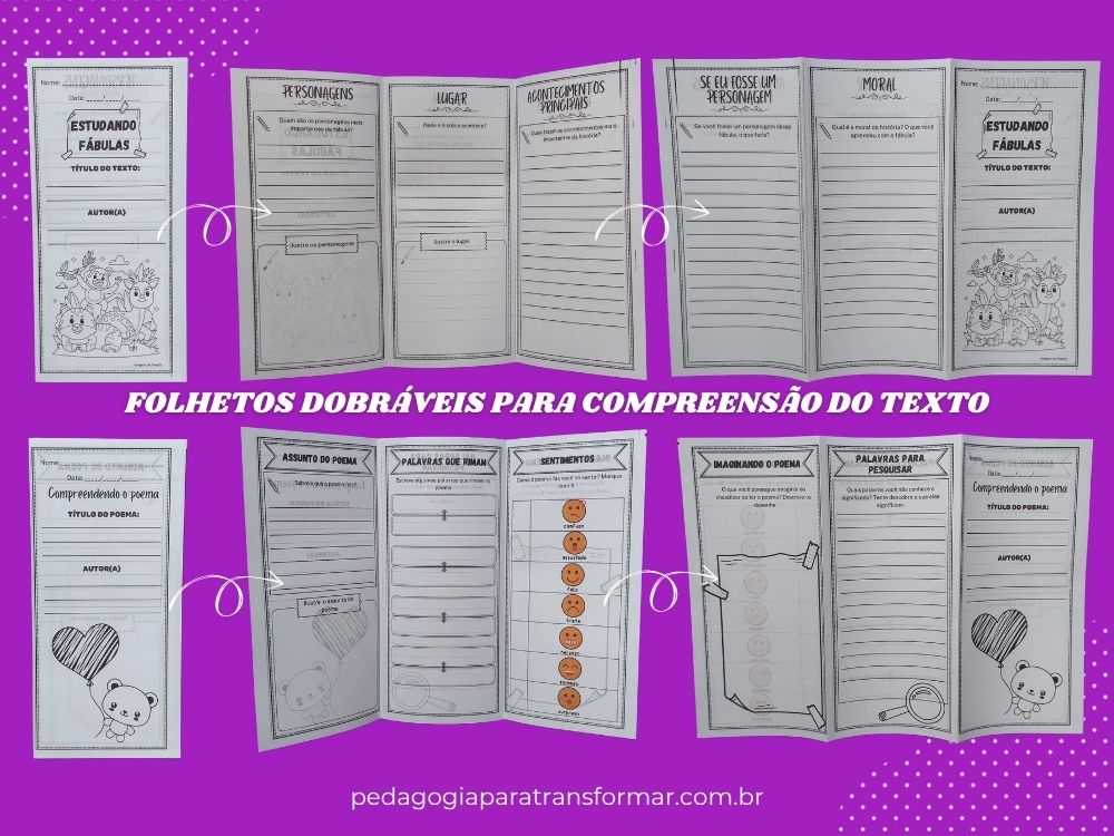 Folhetos dobráveis para desenvolver a compreensão leitora. Imagem de dois folhetos, mostrando eles dobrados e abertos, frente e verso. Um deles tem como título "estudando fábulas" e o outro, "compreendendo o poema".