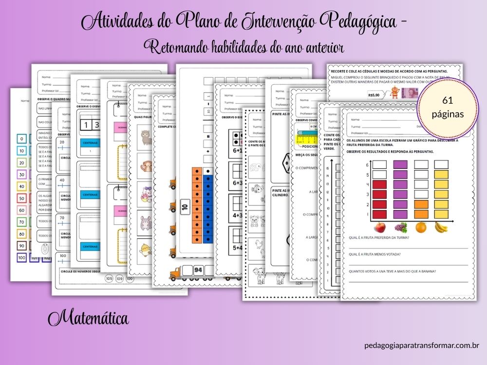 Prints das atividades do plano de intervenção pedagógica de matemática do 3º Ano para retomar habilidades.