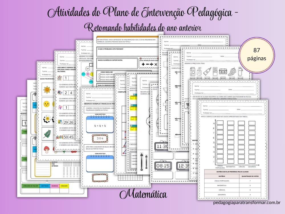 Demonstração das atividades de matemática do plano de intervenção 4º Ano.