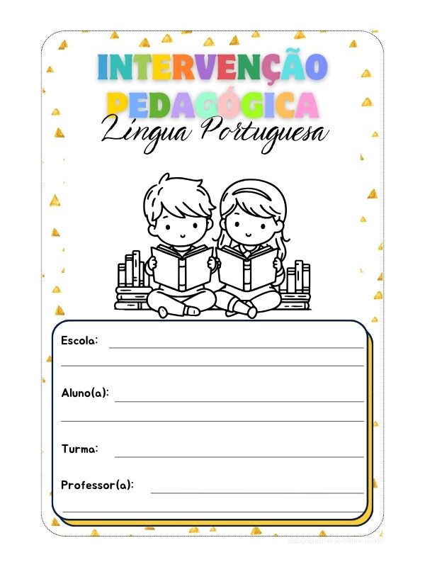 Capa de caderno de intervenção pedagógica para imprimir. Duas crianças lendo um livro. Ao fundo, uma pilha de livros. Na parte inferior, há uma caixa de texto para preencher com o nome da escola, aluno(a), turma e professor(a).