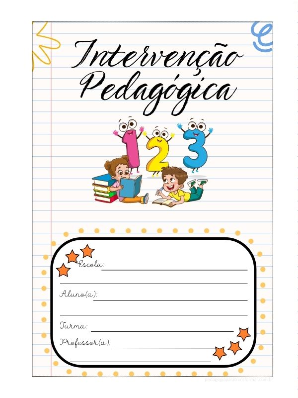 Capa de caderno de intervenção pedagógica para imprimir. Uma menina lendo um livro e um menino escrevendo em um caderno. Ao fundo, números 1, 2 e 3 no estilo de desenho animado. Na parte inferior, há uma caixa de texto com estrelinhas e bolinhas, para preencher com o nome da escola, aluno(a), turma e professor(a).