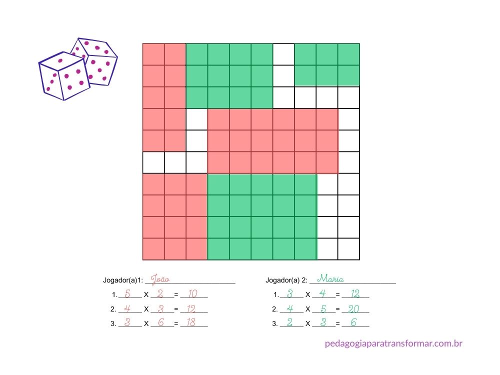 Exemplo de um jogo para ensinar tabuada utilizando a malha quadriculada, de forma divertida.
