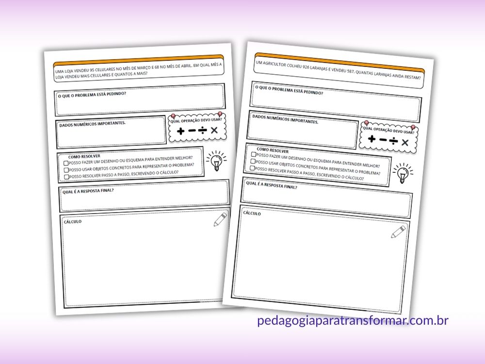 Exemplo de organizador gráfico para dividir o problema matemático em etapas pequenas para facilitar para alunos com dificuldade.