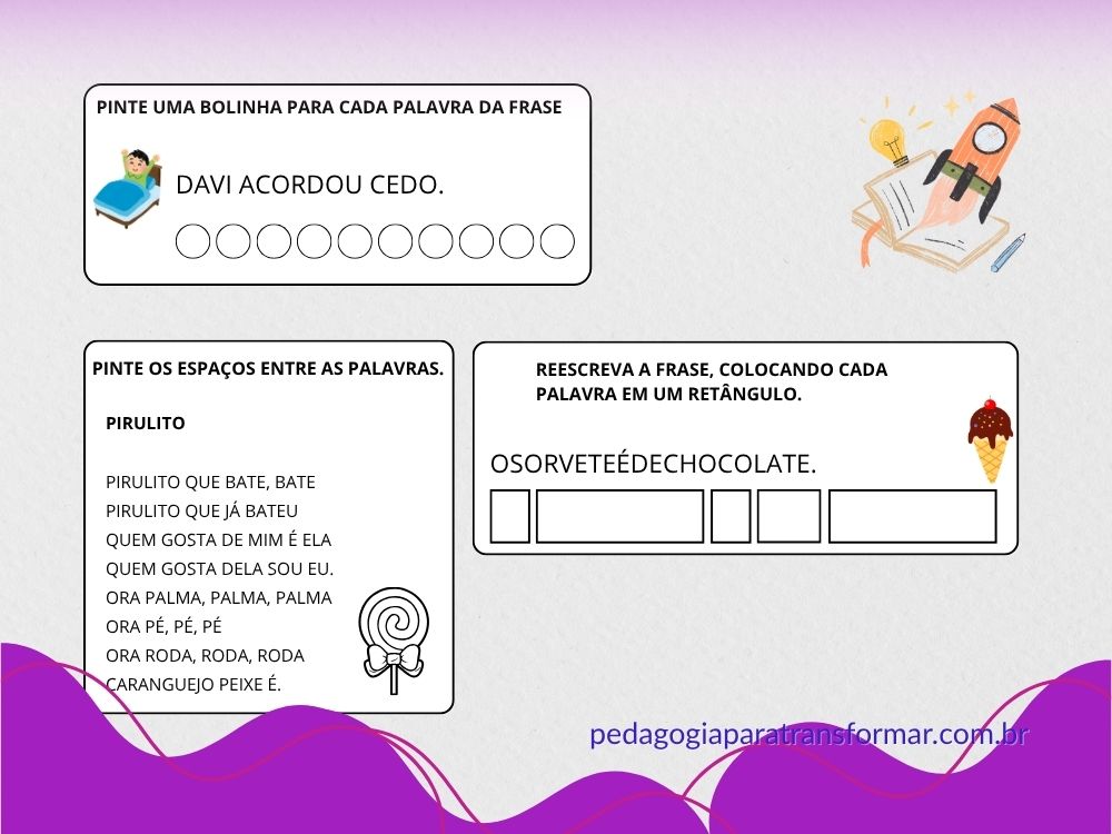 Exemplos de atividades para trabalhar a consciência de palavras, uma das dimensões da consciência fonológica.