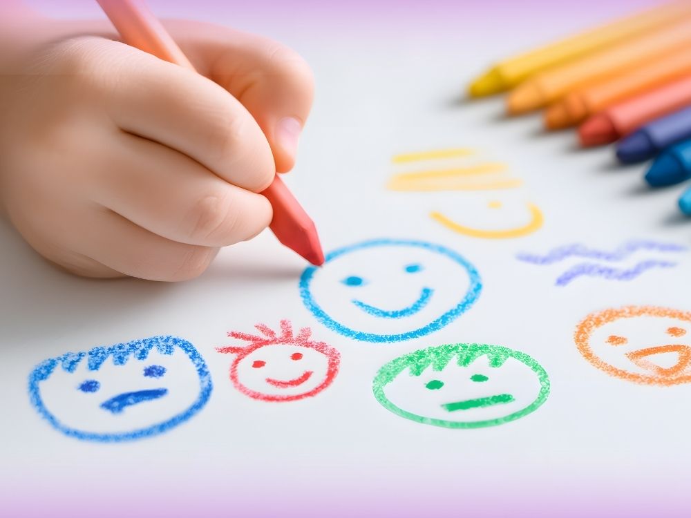 Mão de uma criança segurando um giz de cera vermelho e desenhando rostos coloridos que expressam diferentes emoções em uma folha de papel. Ao fundo, há vários lápis de cera coloridos. A imagem ilustra o trabalho com as competências socioemocionais na escola.