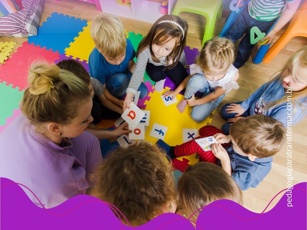 Imagem de uma professora realizando intervenções de alfabetização com uma turma de crianças para ilustrar a realização de agrupamentos produtivos na sala de aula.
