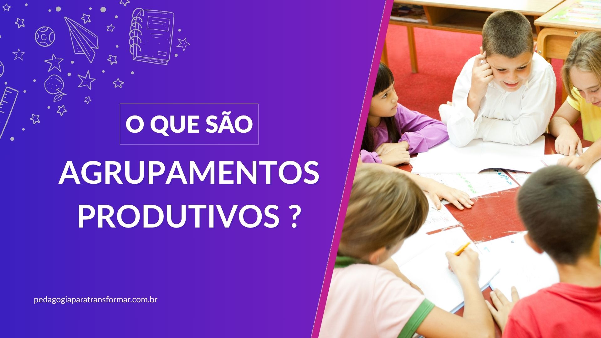 Imagem de crianças realizando atividades em grupos e ao lado, o título "O que são agrupamentos produtivos?"