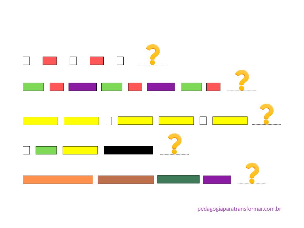 Barras de Escala Cuisenaire organizadas em sequência, seguindo um padrão. Ponto de interrogação ao final para questionar sobre o próximo termo da sequência.